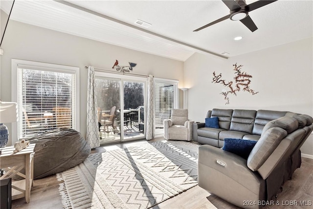 living room with wood-type flooring and ceiling fan