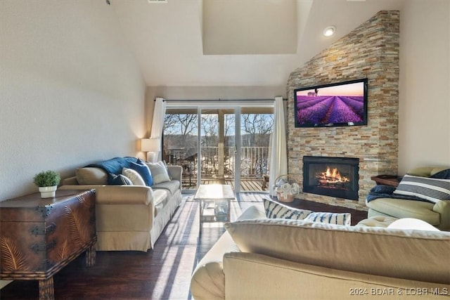 4800 Eagleview Dr Unit 241A, Osage Beach, MO 65065 - living room featuring a fireplace, wood finished floors, and high vaulted ceiling