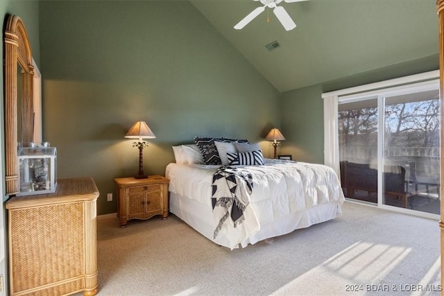 4800 Eagleview Dr Unit 241A, Osage Beach, MO 65065 - bedroom with access to exterior, carpet, high vaulted ceiling, and ceiling fan