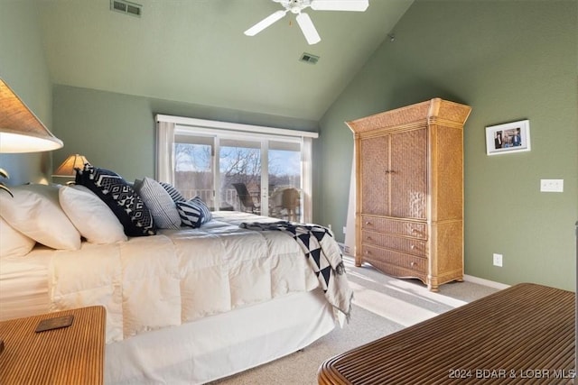4800 Eagleview Dr Unit 241A, Osage Beach, MO 65065 - bedroom with carpet flooring, high vaulted ceiling, and ceiling fan