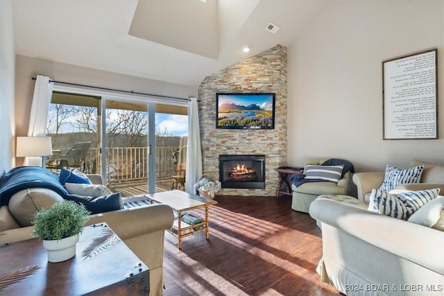 4800 Eagleview Dr Unit 241A, Osage Beach, MO 65065 - living room with a fireplace, wood finished floors, and lofted ceiling