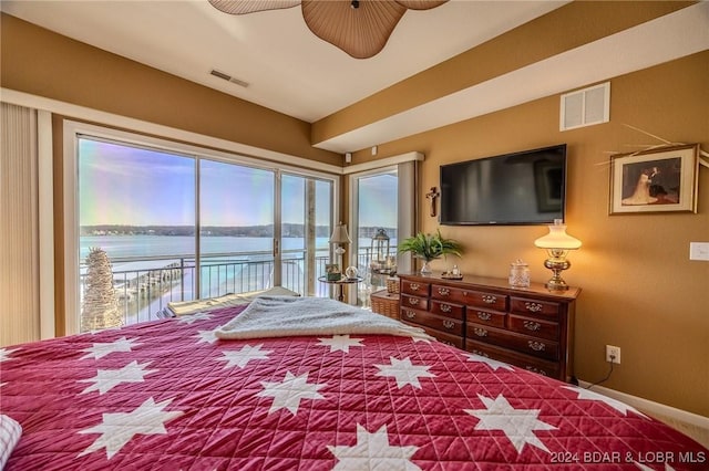 bedroom featuring access to exterior and ceiling fan