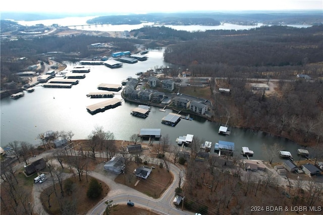 drone / aerial view with a water view