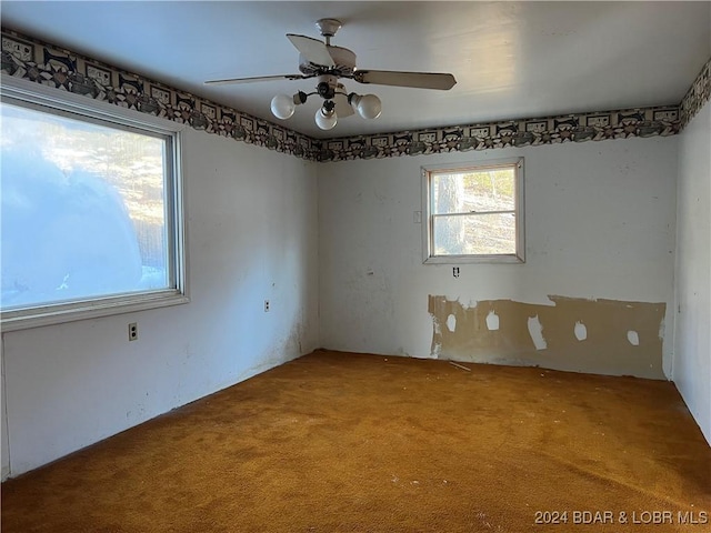 carpeted spare room featuring a wealth of natural light and ceiling fan