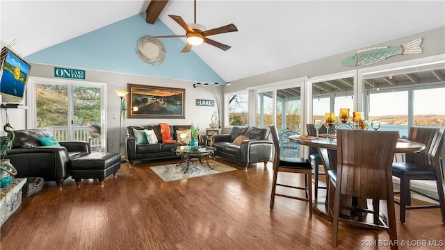 469 Staniel Cay Dr, Osage Beach, MO 65065 - living area with high vaulted ceiling, ceiling fan, beam ceiling, and wood finished floors