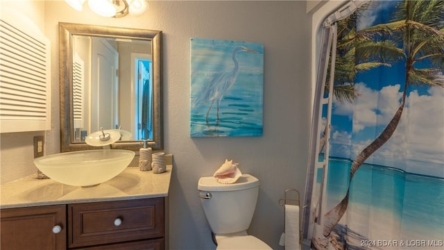 bathroom featuring vanity, toilet, and curtained shower