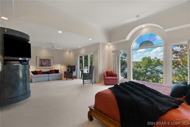 bedroom with carpet flooring and ornamental molding