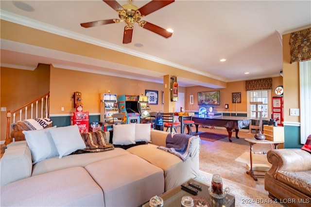 living room with ceiling fan, ornamental molding, and pool table