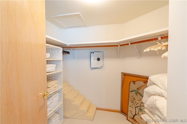 spacious closet featuring attic access