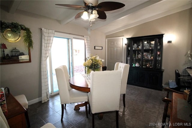 dining room featuring ceiling fan and lofted ceiling with beams