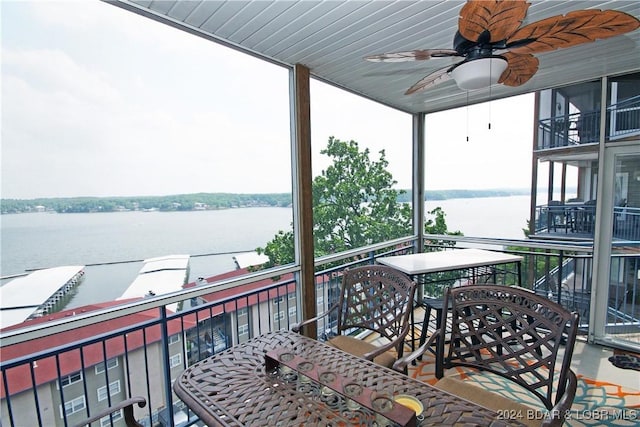 balcony featuring ceiling fan and a water view