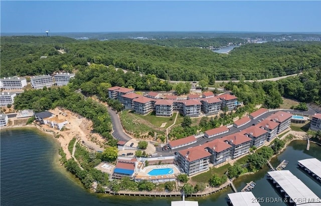 drone / aerial view with a water view