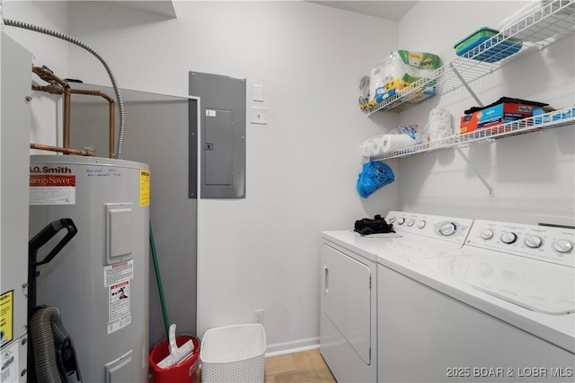 clothes washing area with washing machine and dryer, electric panel, and water heater