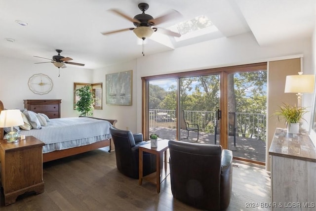 bedroom featuring ceiling fan, dark hardwood / wood-style floors, and access to outside