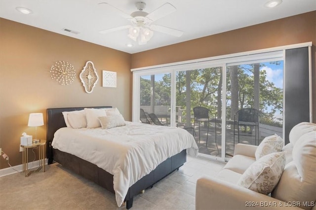 bedroom featuring ceiling fan and access to exterior