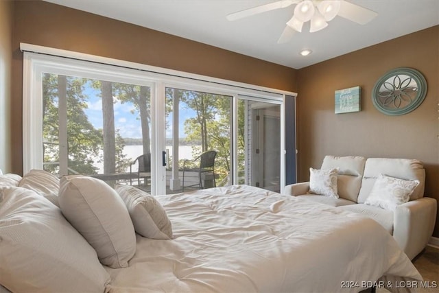 bedroom featuring ceiling fan and access to outside