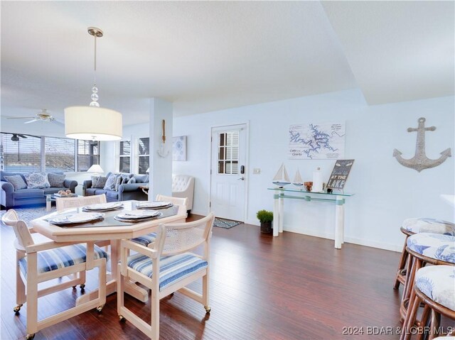 dining room featuring ceiling fan and dark hardwood / wood-style floors