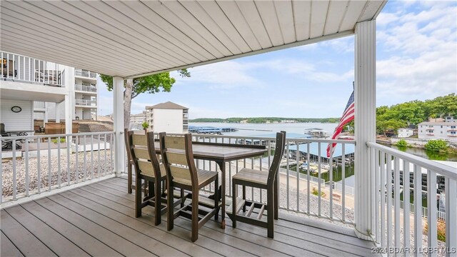 wooden terrace with a water view