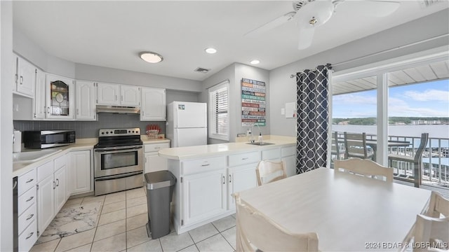 kitchen featuring sink, a water view, white cabinets, and appliances with stainless steel finishes