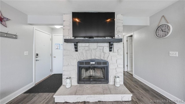 details with wood-type flooring and a fireplace