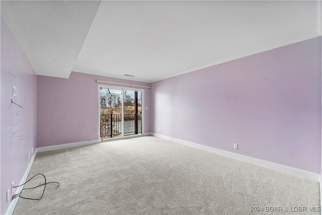 empty room featuring light carpet and crown molding