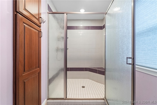 bathroom with a shower with shower door