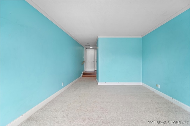 empty room with light colored carpet and ornamental molding