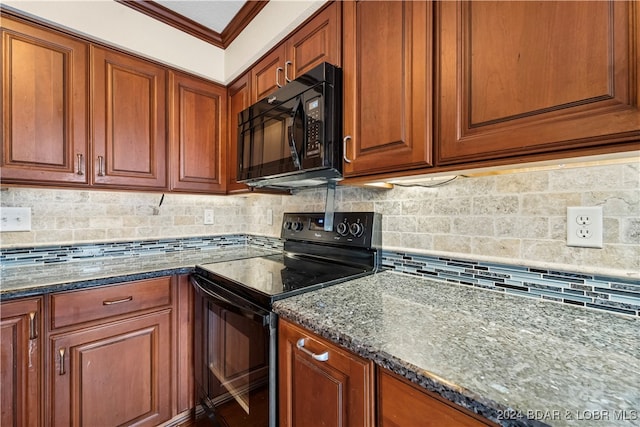 kitchen with backsplash, dark stone countertops, crown molding, and black appliances