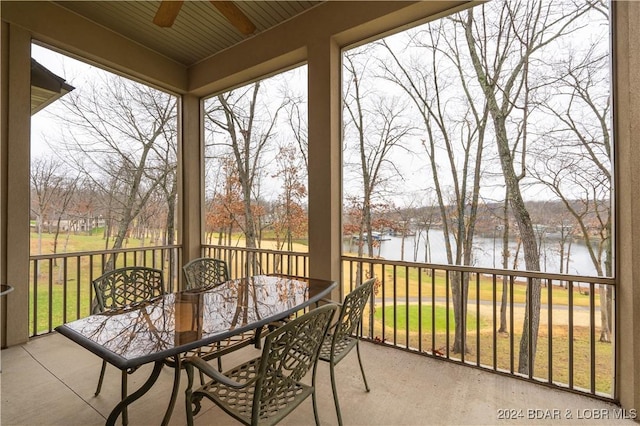 sunroom / solarium featuring a water view and plenty of natural light