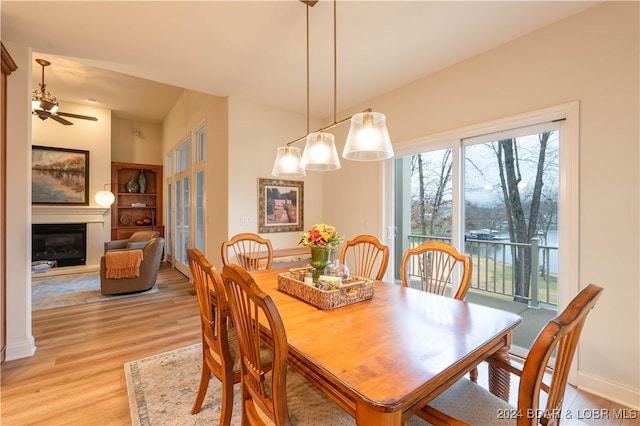 dining space featuring ceiling fan and light wood-type flooring