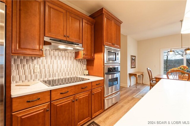 kitchen featuring tasteful backsplash, hanging light fixtures, stainless steel appliances, and light hardwood / wood-style flooring