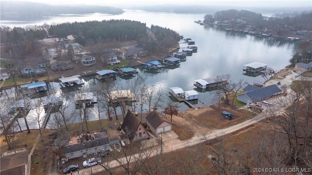 drone / aerial view with a water view