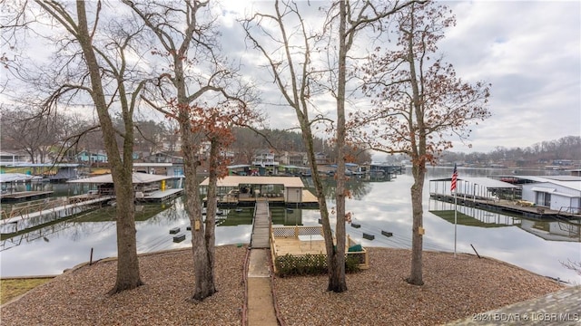 exterior space with a water view