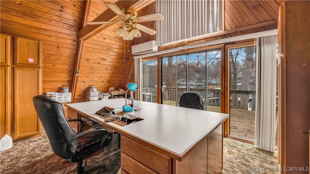 carpeted office featuring lofted ceiling, ceiling fan, wooden walls, wood ceiling, and an AC wall unit