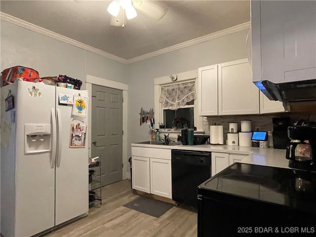 kitchen featuring light hardwood / wood-style floors, crown molding, black dishwasher, white refrigerator with ice dispenser, and white cabinets