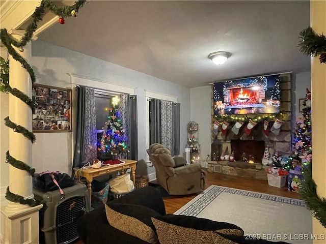 home theater featuring a stone fireplace