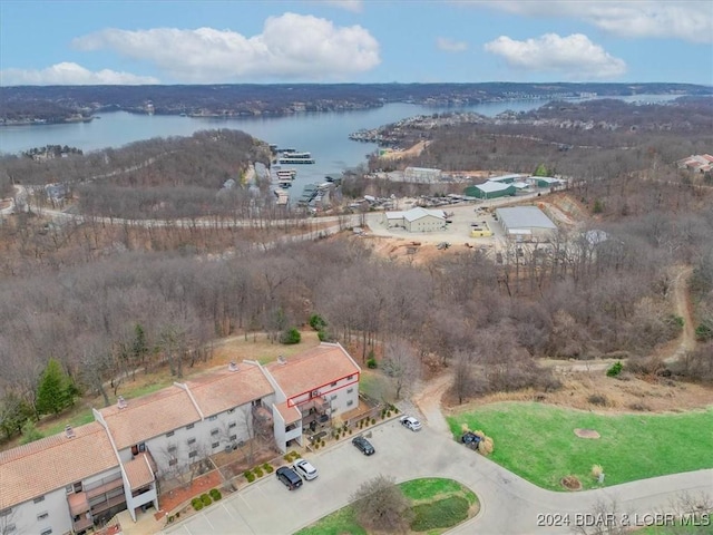 drone / aerial view with a water view