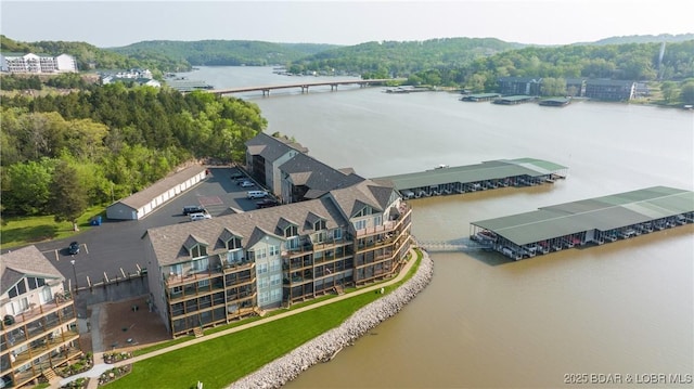 bird's eye view with a water view