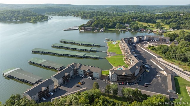 drone / aerial view featuring a water view