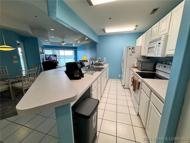 kitchen with white cabinetry, ceiling fan, sink, electric range oven, and light tile patterned flooring