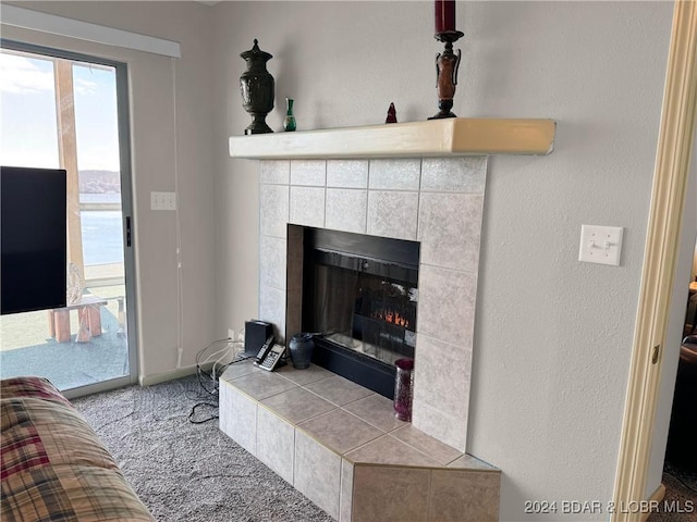 details featuring a tile fireplace and carpet floors