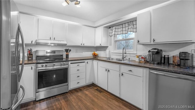 kitchen with white cabinetry, sink, dark wood-type flooring, and appliances with stainless steel finishes