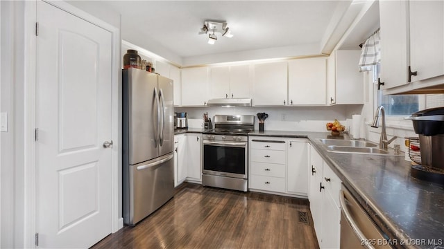 kitchen featuring white cabinets, dark hardwood / wood-style floors, sink, and stainless steel appliances