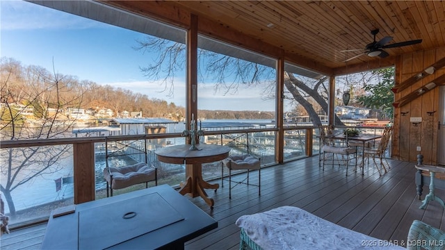 wooden terrace featuring ceiling fan, a water view, and an outdoor hangout area