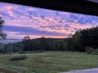 yard at dusk featuring a forest view