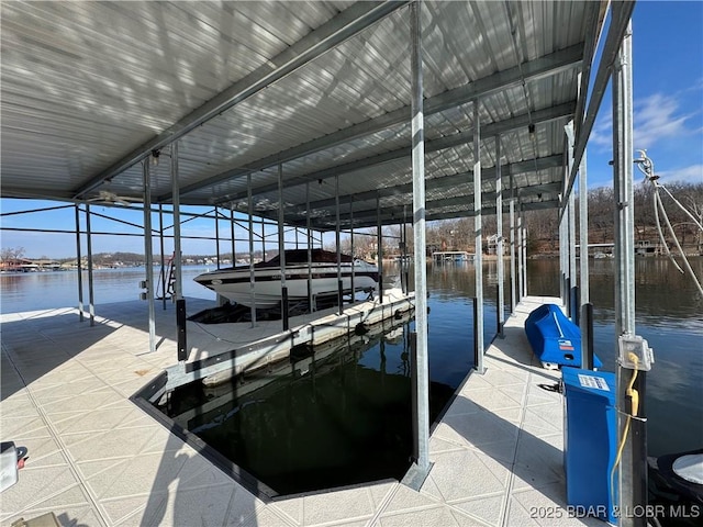 view of dock with a water view and boat lift