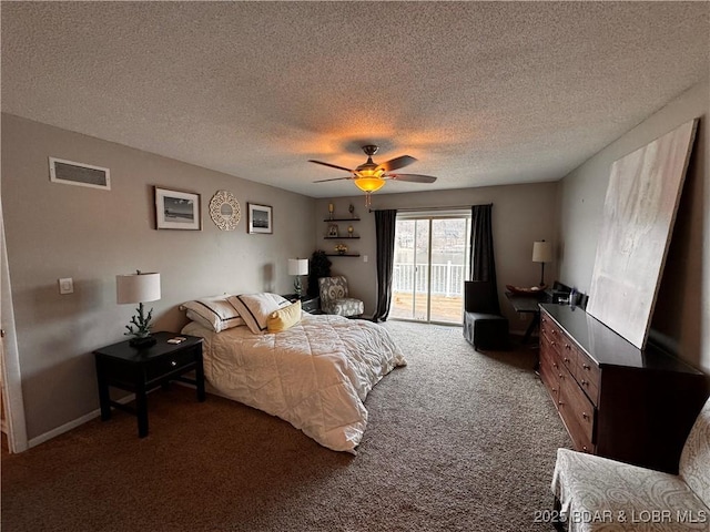 carpeted bedroom featuring ceiling fan, a textured ceiling, visible vents, baseboards, and access to exterior