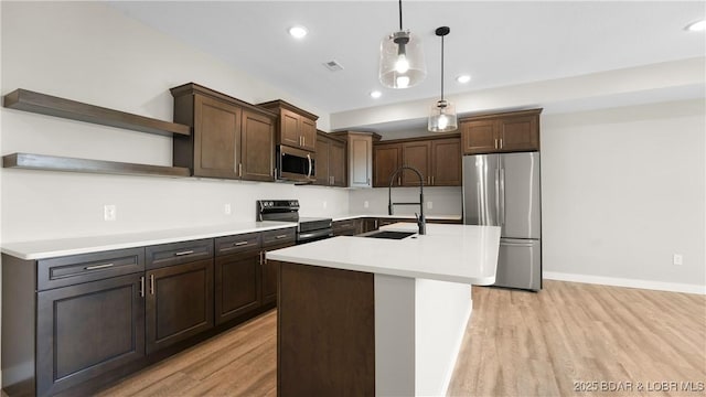 kitchen with dark brown cabinetry, stainless steel appliances, a kitchen island with sink, and sink