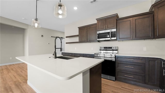 kitchen featuring sink, hanging light fixtures, stainless steel appliances, dark brown cabinetry, and a center island with sink