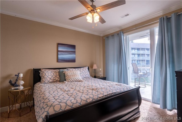 carpeted bedroom featuring access to outside, ceiling fan, and ornamental molding